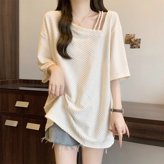 인피어스 여성용 루즈핏 질감 포인트 투라인 반팔 티셔츠 I263-0047