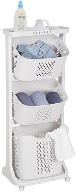 Nature Living 現代手推車搖擺 3段洗衣籃, 象牙白