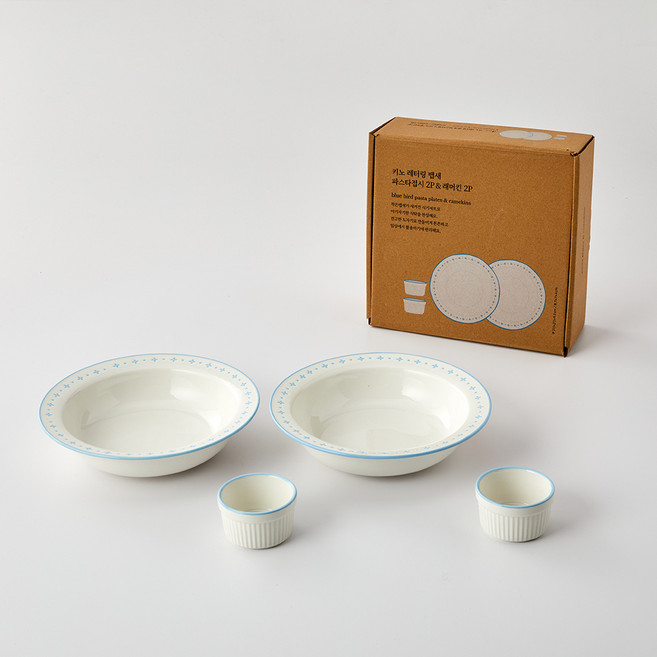 모던하우스 ON L 키노 레터링 뱁새 파스타접시 2p + 래머킨 2p, 화이트 + 블루, 1세트