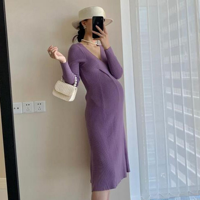 V領毛衣針織長袖孕婦連身裙