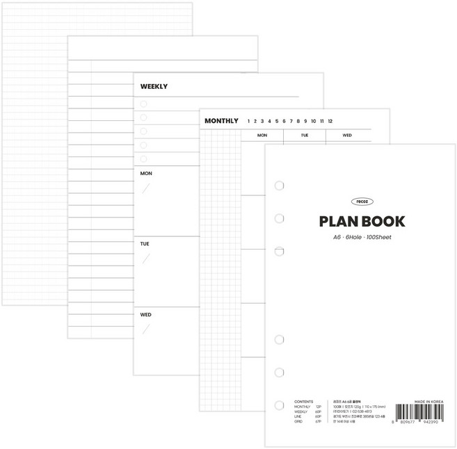 리코즈 A6 6공 플랜북 만년형 다이어리 리필 속지, 100매, 1세트