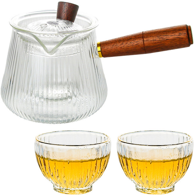 티이야기 내열유리 우드핸들 티포트 380ml + 플라워 찻잔 50ml x 2p 세트, 혼합색상, 1세트, 티포트 380ml + 찻잔 50ml x 2p