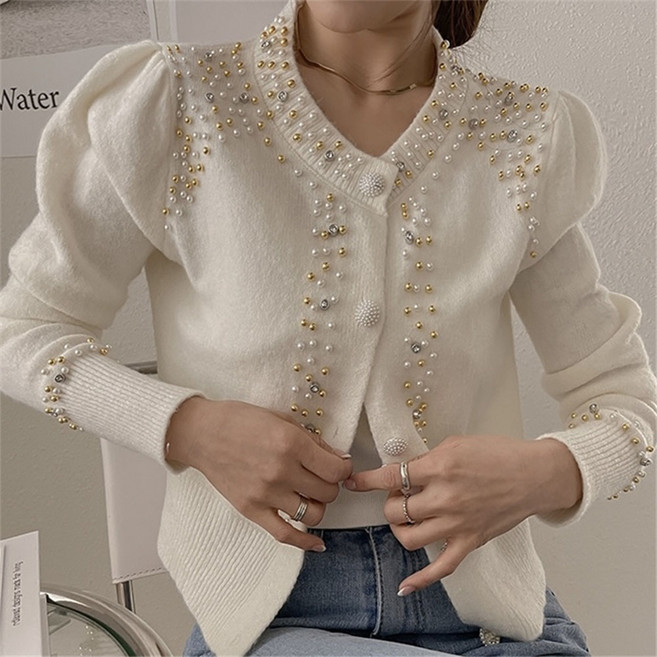 비비에모 여성용 끌레멍 비딩 퍼프 니트 가디건 10944