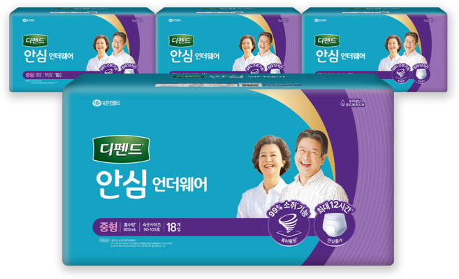 디펜드 남녀공용 안심플러스 언더웨어 성인기저귀, 중형, 18개입, 4개