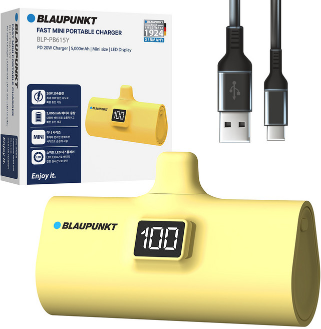 블라우풍트 LED 도킹형 고속충전 보조배터리 5000mAh, YELLOW, BLP-PB615Y