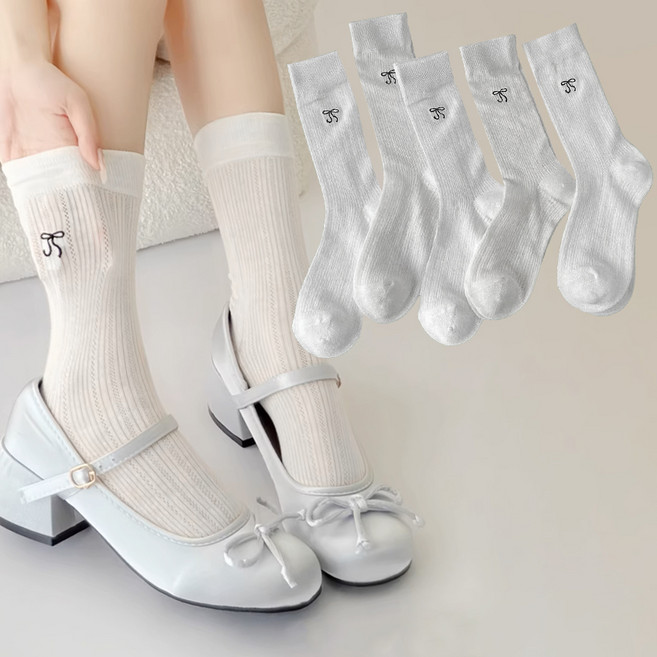 삭스판다 여성용 리본 레이스 시스루 장목 양말 5켤레