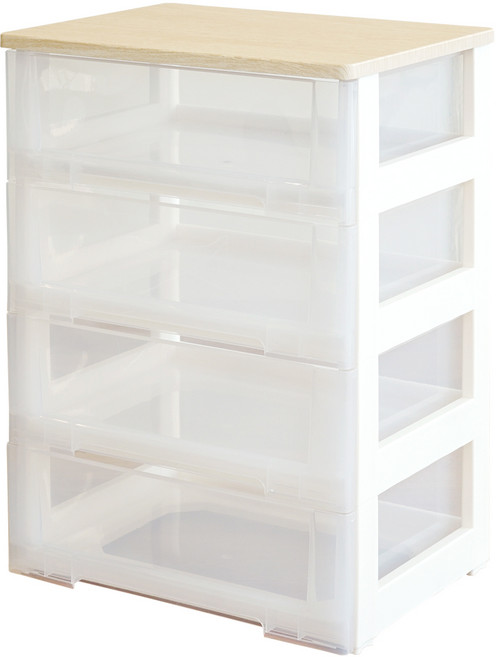 보노하우스 이노스 우드상판형 투명 서랍장, 4단, 내추럴 오크
