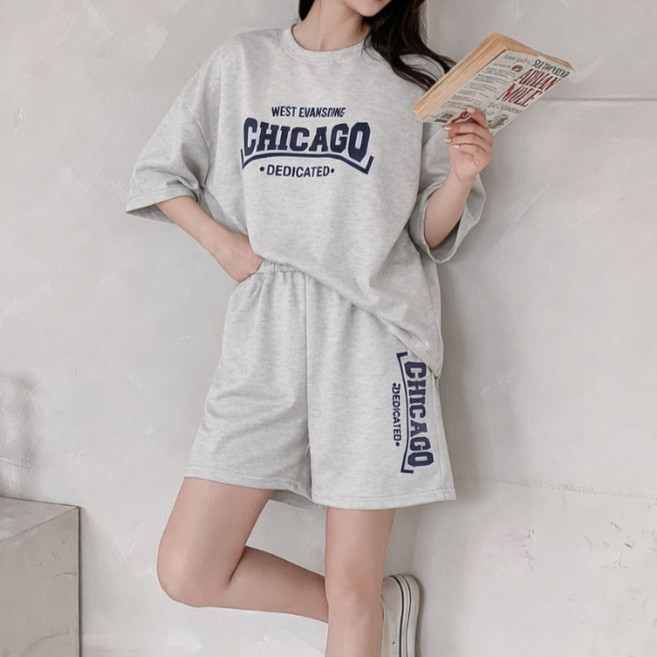 라라온 레터링 오버핏 박스 반팔 티셔츠 + 반바지 세트 26TSP4039