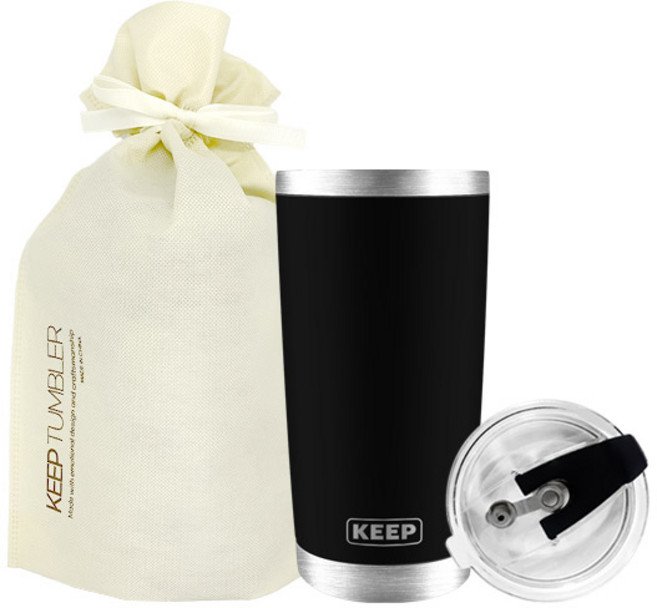 KEEP CAMPING 大容量不鏽鋼保溫保冷隨行杯 + 基本款禮物收納袋 + 密封吸管蓋組合, 600ml, 黑色