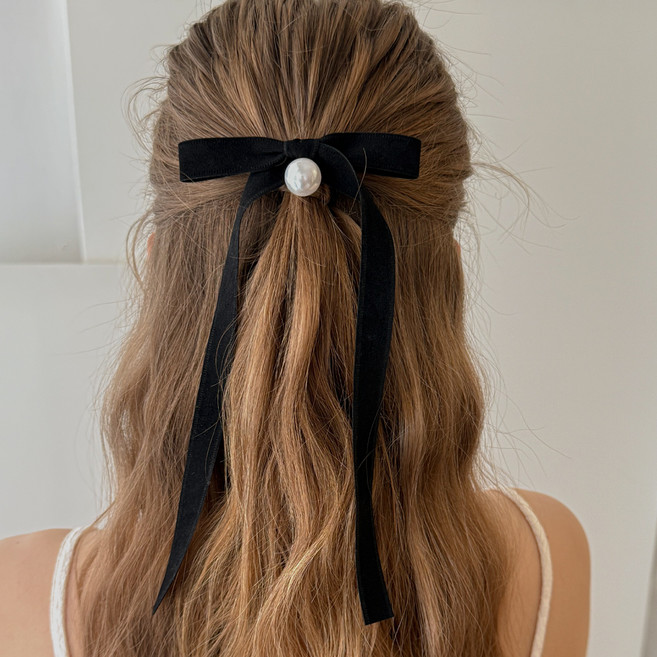 채니봉봉 벨 진주 드롭 리본 바렛핀 롱리본 포인트 집게핀