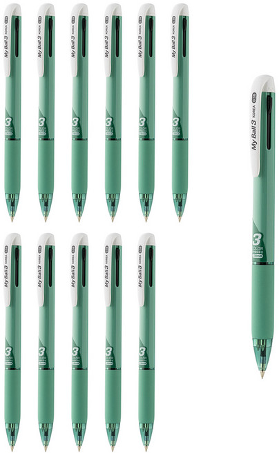 마이펜 마이볼 3색 볼펜 0.38mm, 시애나그린, 12개