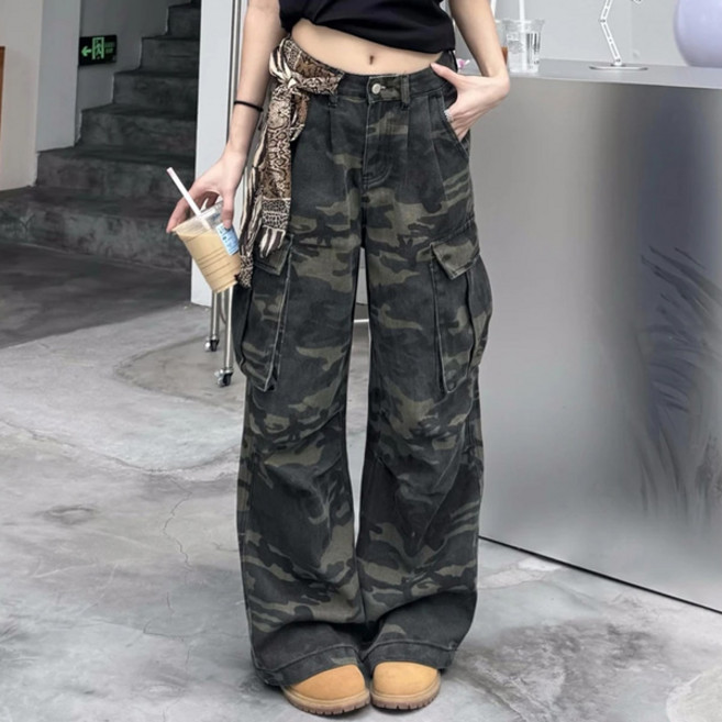 어썸풀 여성용 카모플라쥬 와이드 카고 바지 A25FP070421