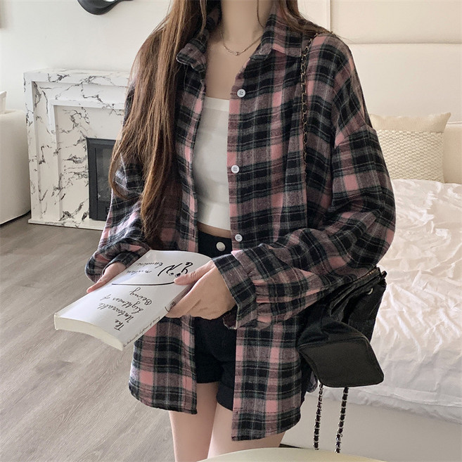 Raratina 女款寬鬆休閒格紋長袖襯衫
