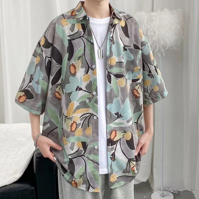 ELSSO 男女通用寬鬆版夏威夷圖案短袖襯衫