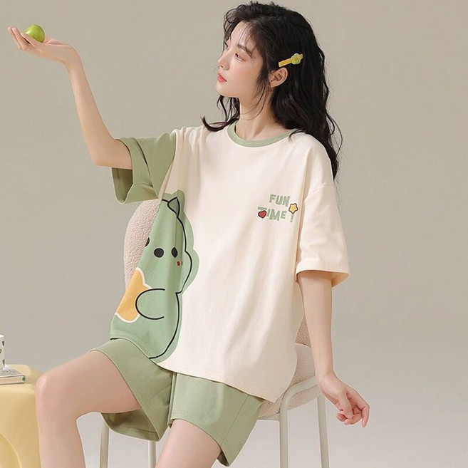 비올라 여성용 데일리 편한 루즈핏 잠옷 반팔 티셔츠 + 반바지 세트 VIO0045