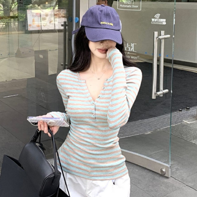 피어니스트 여성용 오픈 줄무늬 브이넥 단추 슬림 티셔츠