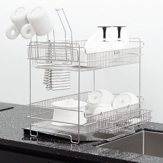 KAZT 智能瀝水全不鏽鋼雙層碗盤瀝水架, 2層, 1個, 不鏽鋼