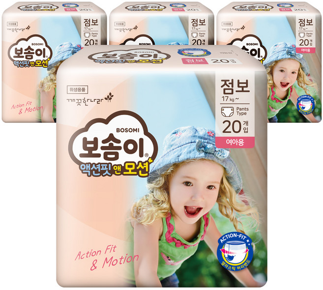 보솜이 액션핏앤모션 팬티형 기저귀 여아용, 점보형(2XL), 80매
