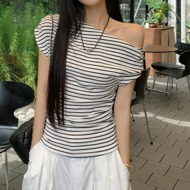 라라티나 여성용 류베르 베이직 스트라이프 오프숄더 티셔츠