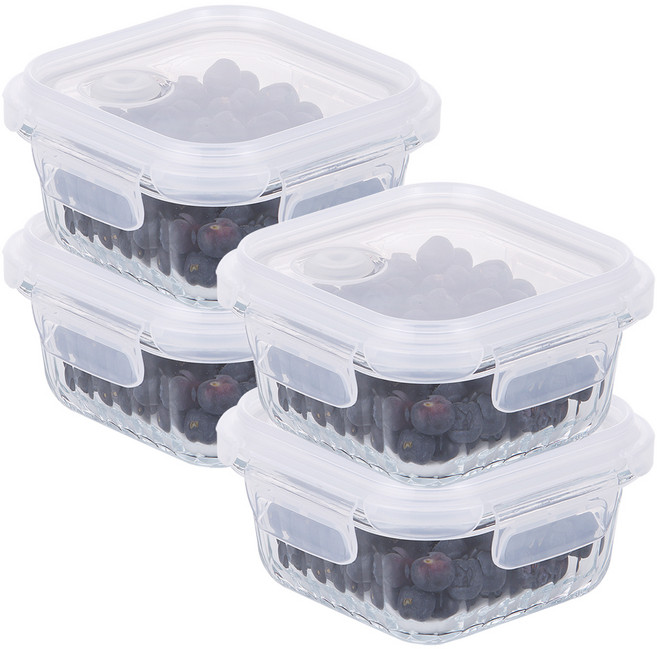 네오플램 웨이브락 유리 V 전자레인지 스팀홀 정사각 밀폐용기, 4개, 320ml