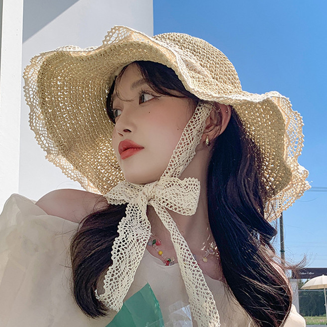 디멜디 여성용 레이스 턱끈 스트랩 밀짚모자