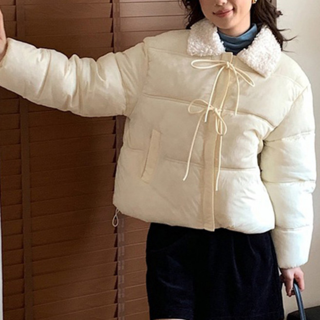 女性時尚潮流冬季蓬鬆翻領抽繩設計鋪棉外套
