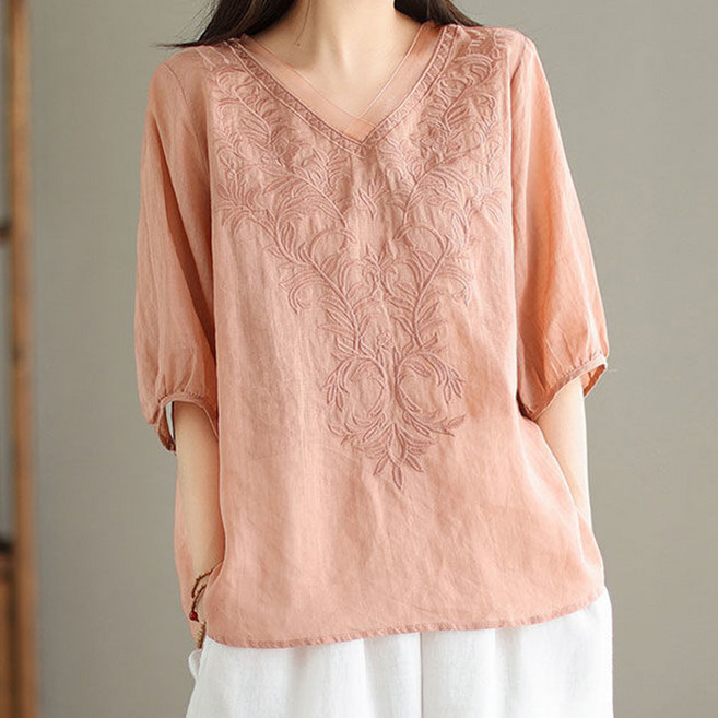 INFIOUS 中年刺繡短袖襯衫 I263-0145