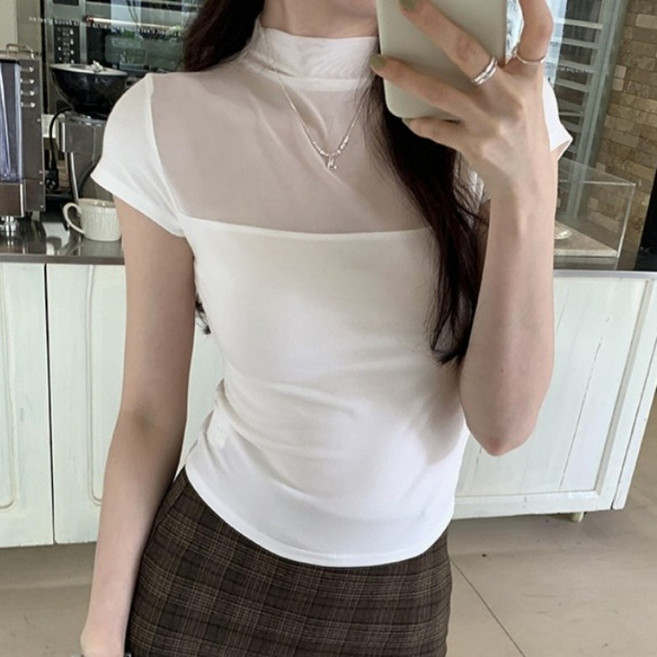 아이엠몽 여성용 슬림핏 하이넥 시스루 반팔 티셔츠 R6H041