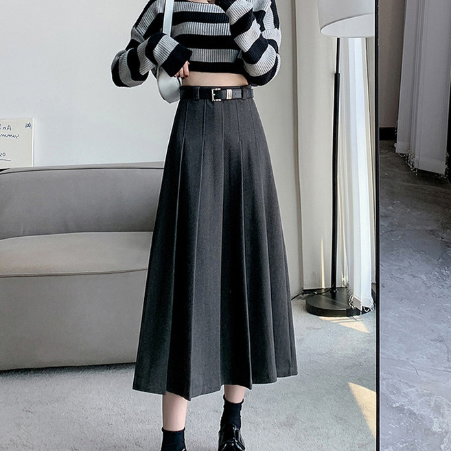 반야스토리 여성용 간절기 A라인 롱 스커트 주름 치마 SS112
