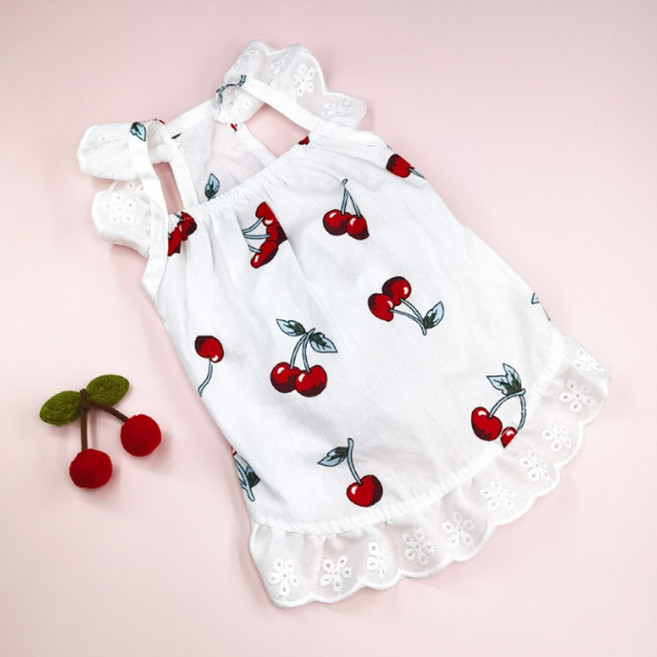 요런개 반려동물 썸머 민소매 레이스 원피스 + 머리핀 세트, 04 체리, 1세트