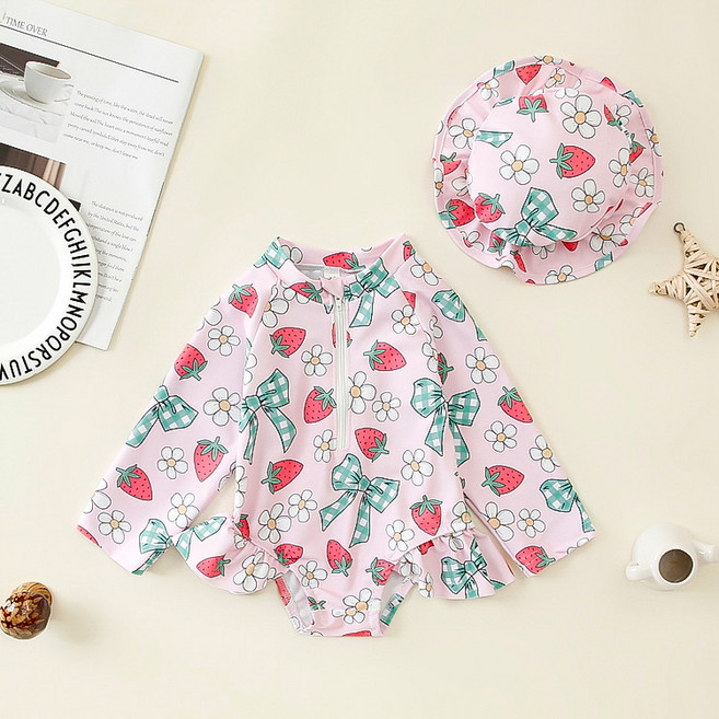 woojooi 兒童蝴蝶結櫻桃連身泳衣 + 泳帽組