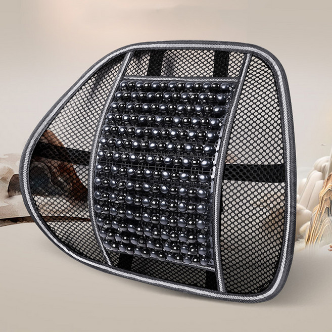 차량용 메쉬 원목 구슬등받이 허리쿠션, 블랙, 1개