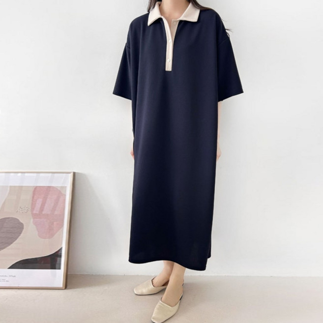 라라온 카라넥 버튼 반팔 스판 롱 원피스 26TSP3784