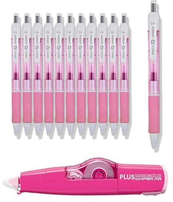 동아 큐 노크 펜 0.4 12p + 플러스 수정테이프 랜덤발송 WH-635 세트, 분홍 + 검정, 1세트