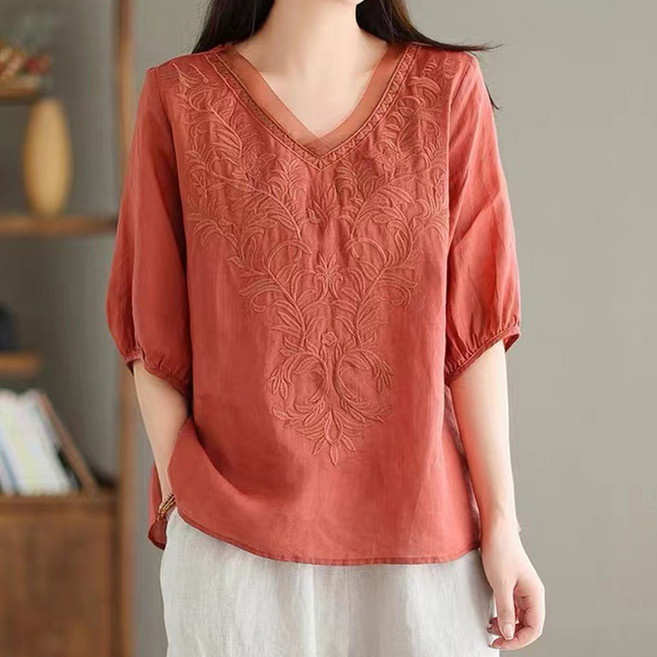 INFIOUS 中年刺繡短袖襯衫 I263-0145