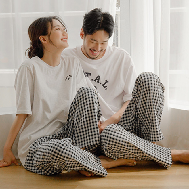 파란 커플용 베이직 깅엄체크 9부 파자마 바지