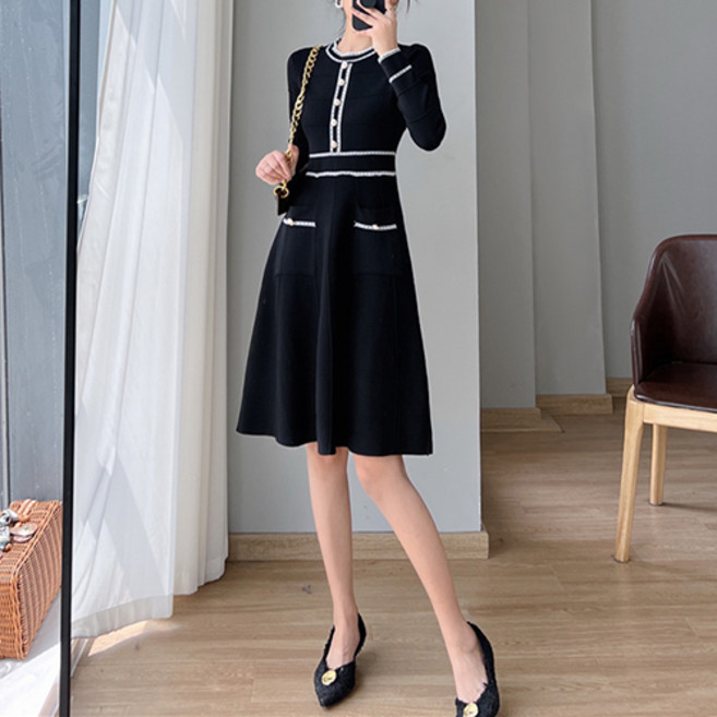 Lemon Soul Gomez 系列撞色針織中長版連身裙, 黑色