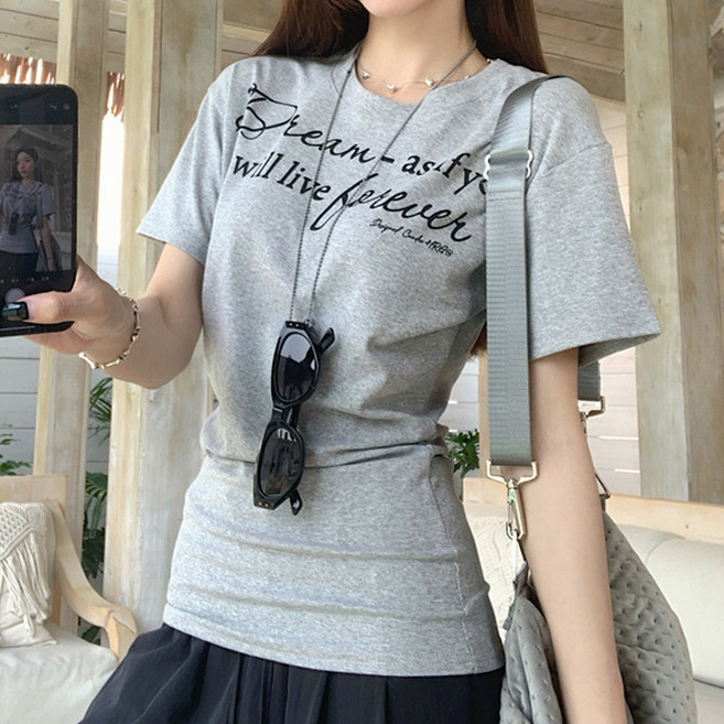 닷이프 여성용 캐주얼 사이드 슬림 셔링 반팔 티셔츠 D263-0254