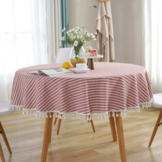 파라주니 코튼 태슬 식탁보 스트라이프 원형 테이블 매트 HJ1416, 레드, 1개, 100cm