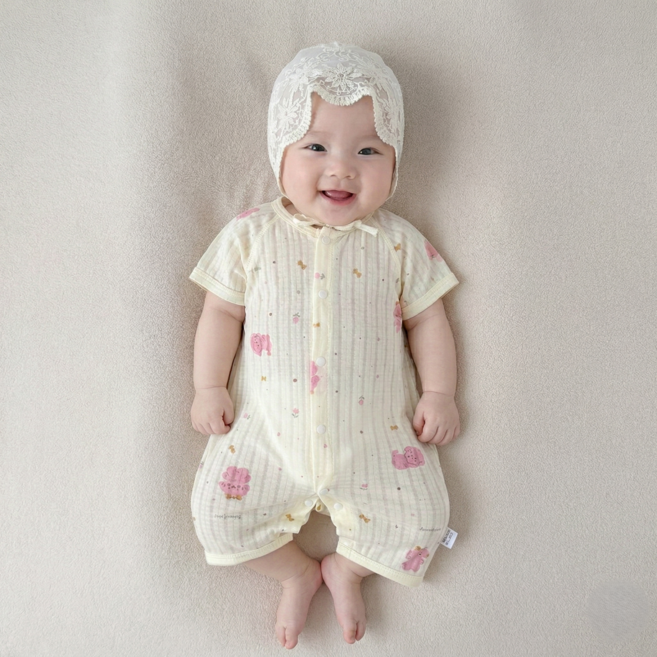 베베니즈 신생아용 순면메쉬 풀스냅 반팔 우주복