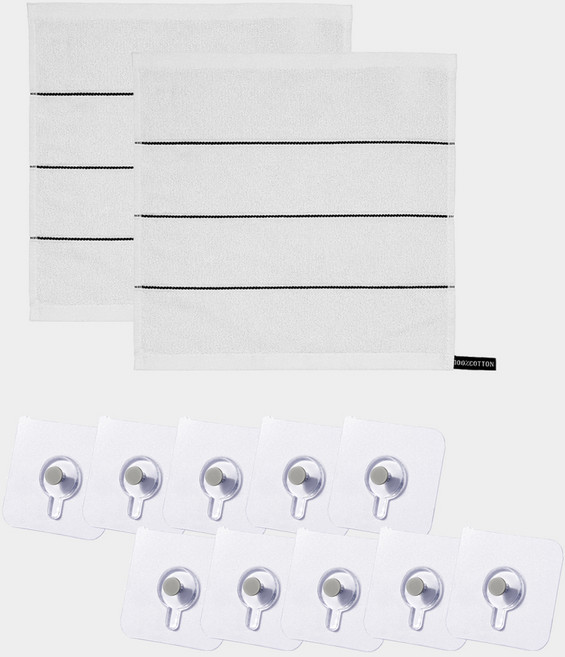 모나코올리브 호텔식 스트라이프 핸드타월 2p + 나사매직 후크 10p 세트, 화이트(핸드타월), 단색(후크), 1세트
