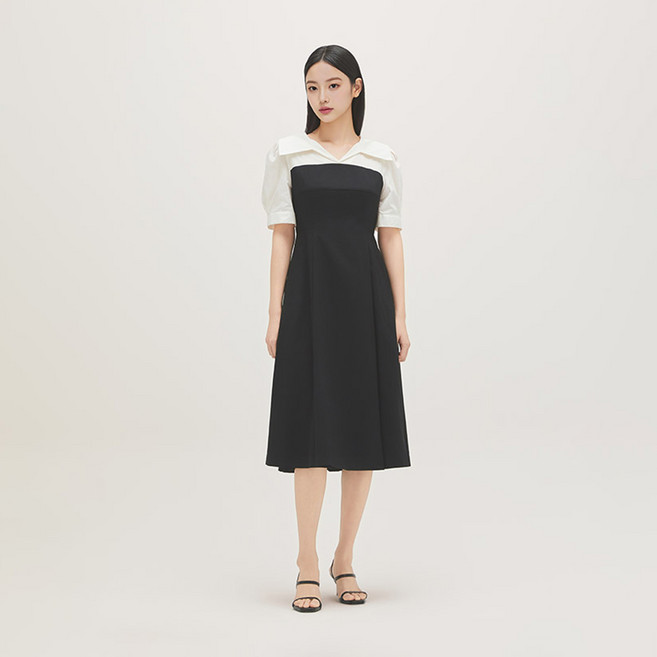 Roem 開領編織拼接長版連身裙, 19 黑色