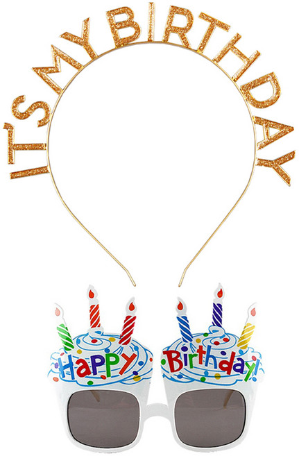 조이파티 메탈릭 생일 머리띠 + 컵케익 안경 세트, 1세트, 골드(머리띠), 화이트(안경)