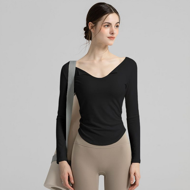 씨오브비 여성용 브이넥 긴팔 필라테스 셔링 티셔츠