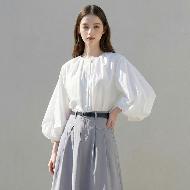 BURU N JUDY 女款領口抓褶氣球袖七分袖上衣 BOSDBL505B