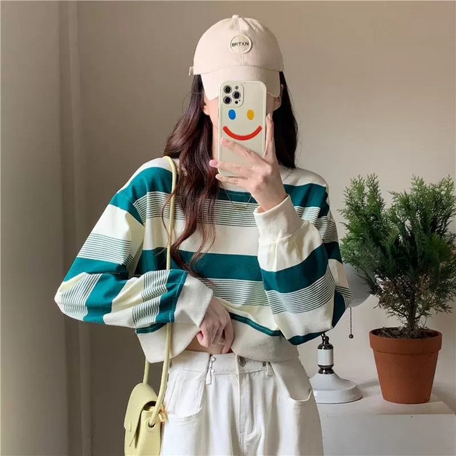 디멜디 여성용 소프트 스트라이프 데일리 긴팔 맨투맨