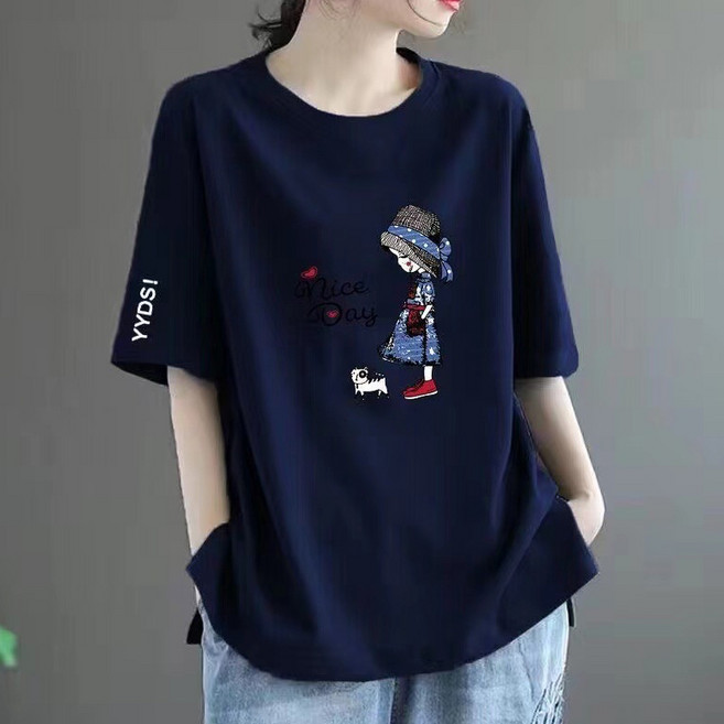 구디프 여성용 빅사이즈 브이넥 반팔 프린팅 티셔츠