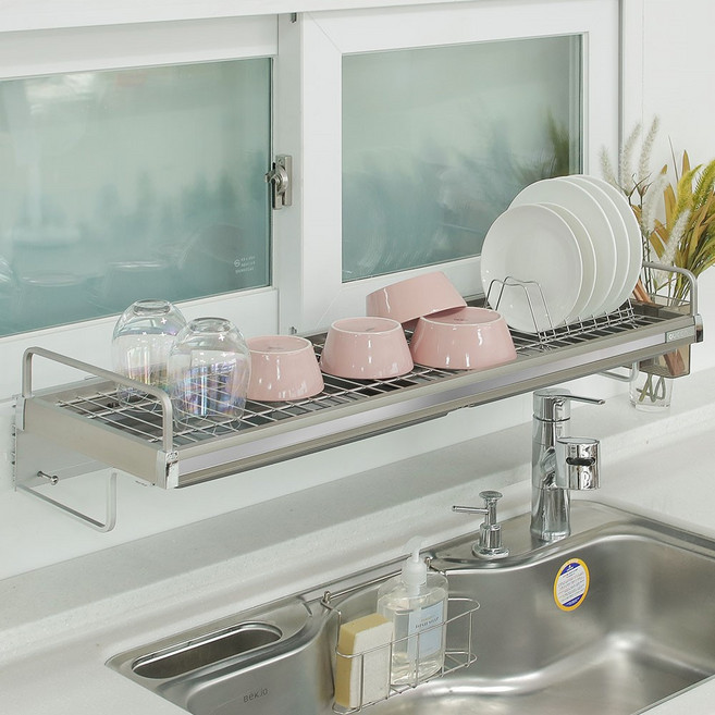 퀸넥스 높이조절되는 뉴레일 창문형 부착식 싱크대선반 식기건조대 900 + 아이디어 브라켓 7mm 세트, 1단, 티타늄, 1개