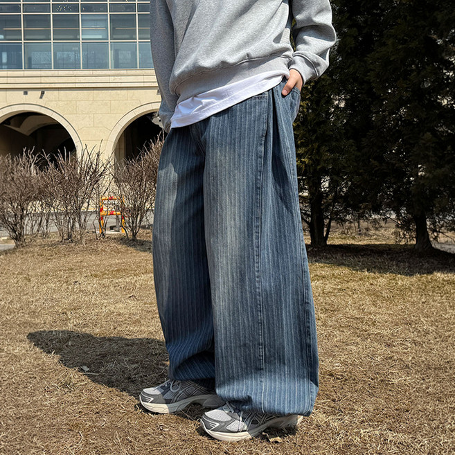 머시따 남성용 숏/기본/롱 기장 스트라이프 핀턱 스냅 와이드 데님 팬츠