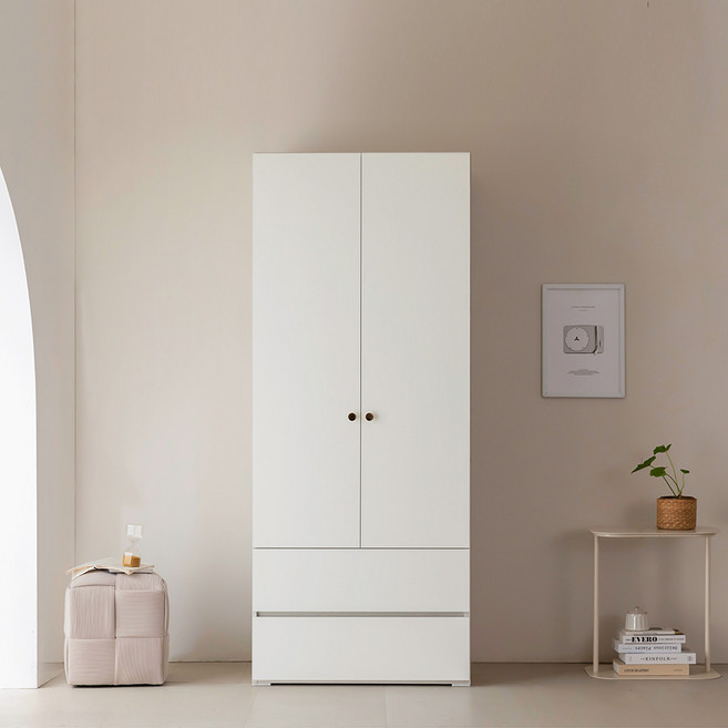 장인가구 단토 2서랍 행거 옷장 800 방문설치, 무광화이트